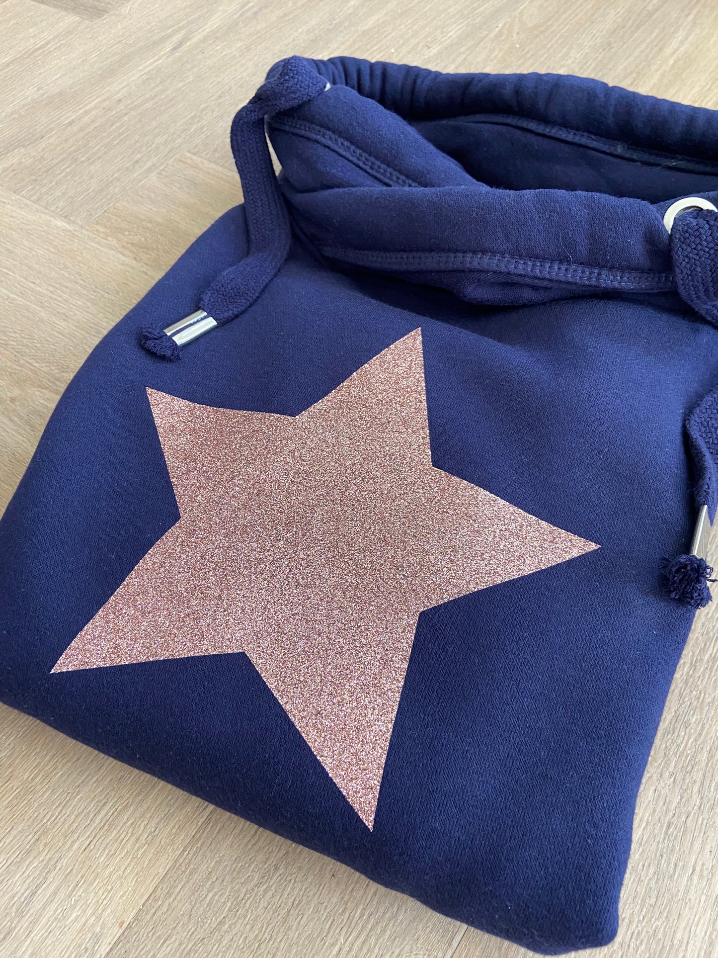 Navy Cross Neck Hoodie Rose Gold Star