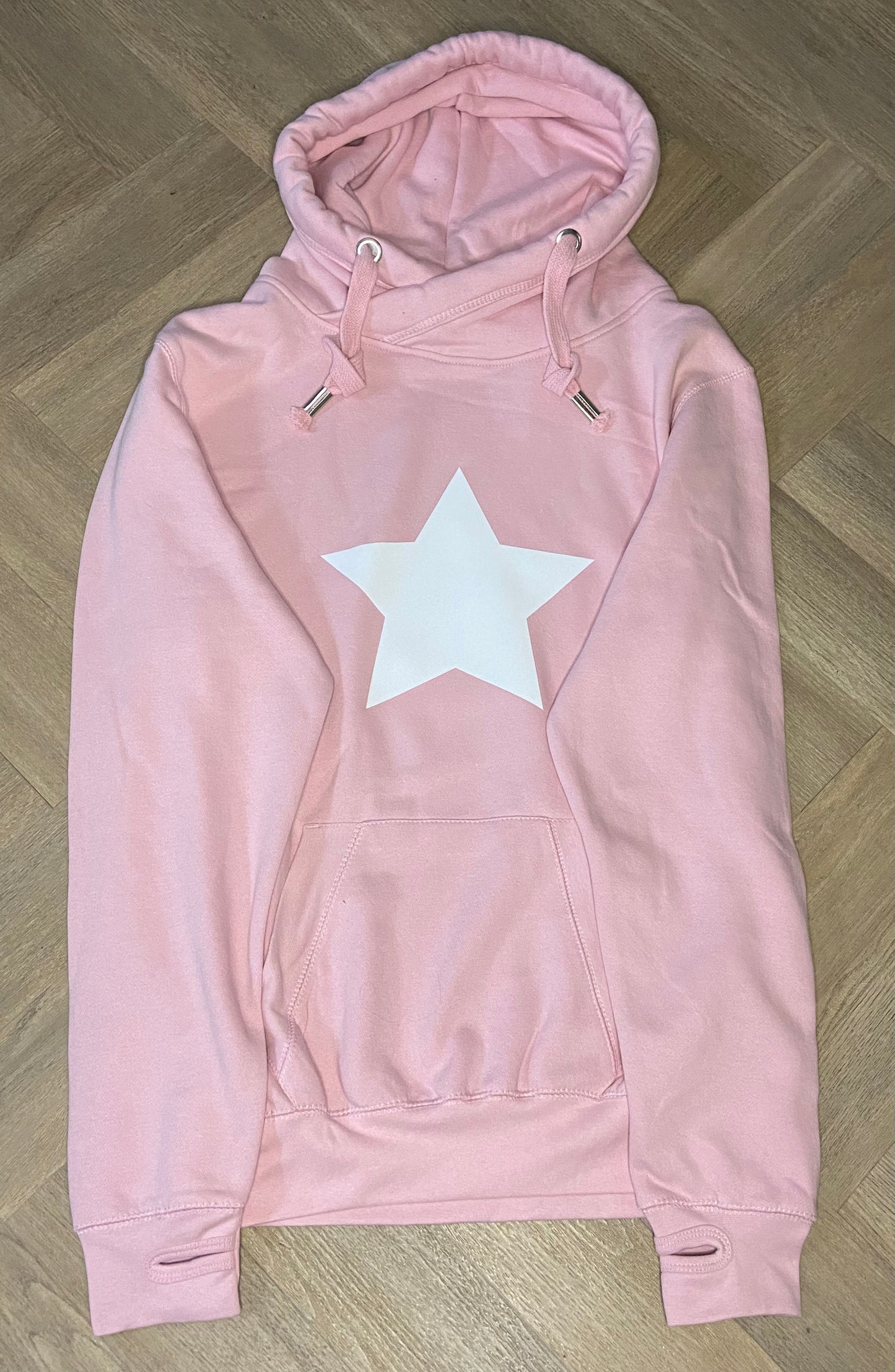 Baby Pink cross neck hoodie personalised with velvet Star