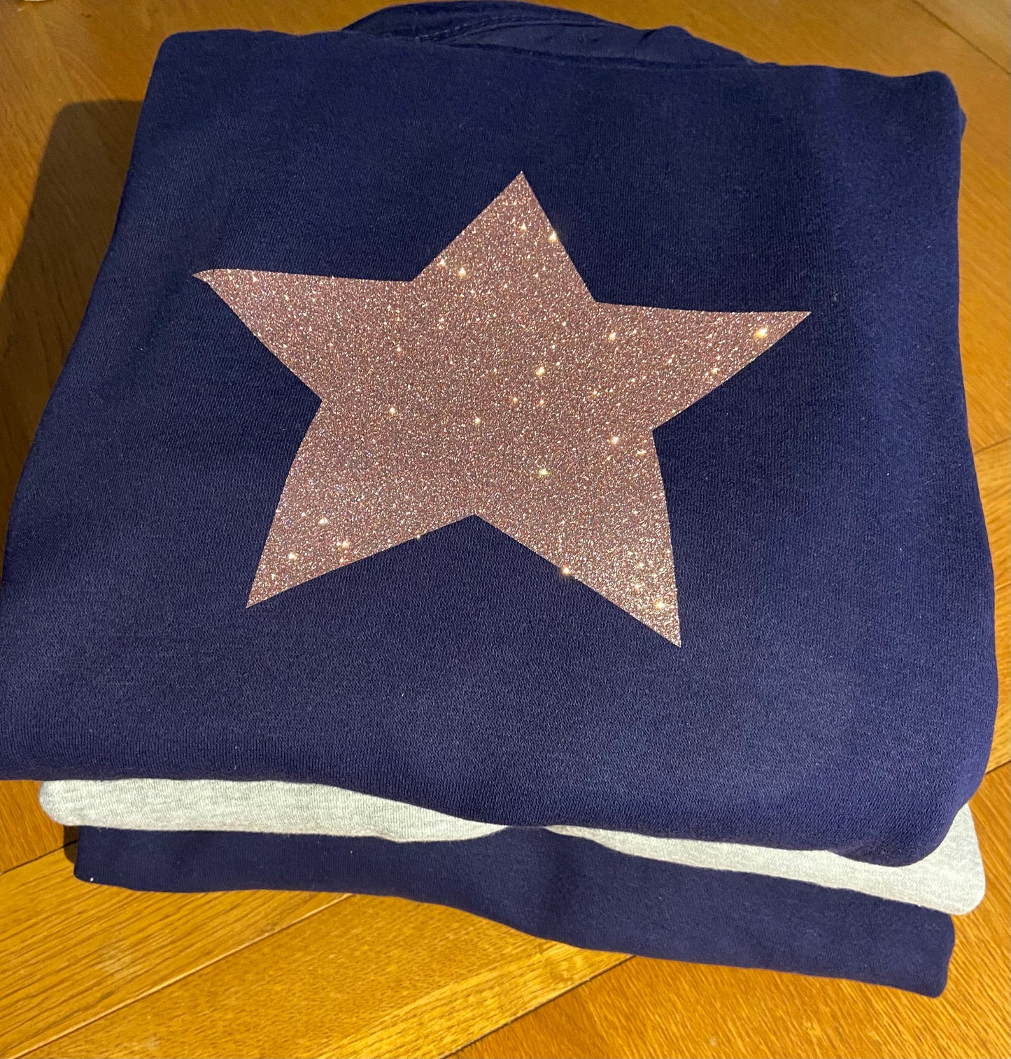 Navy Cross Neck Rose Hoodie with Gold Glitter Star