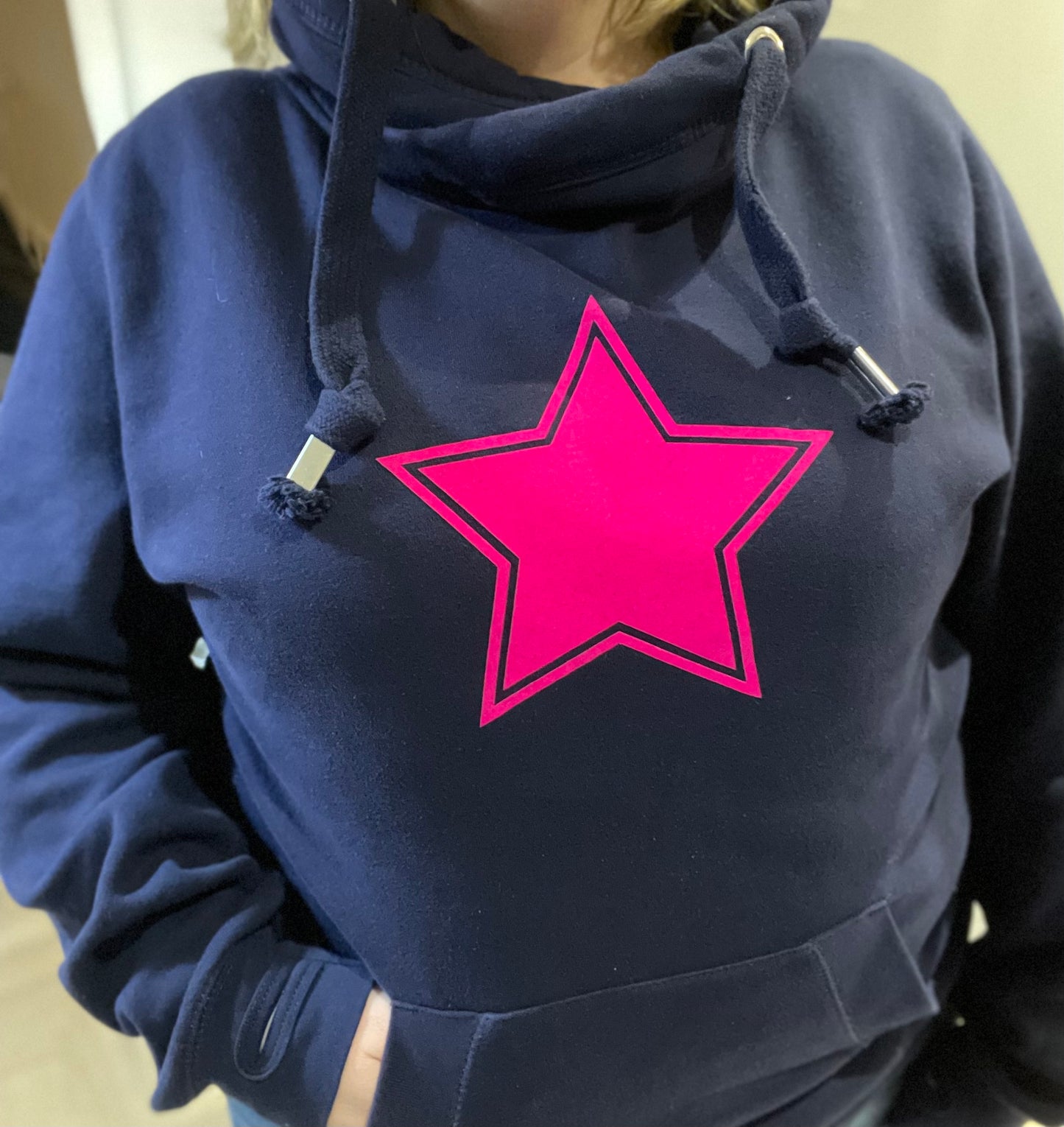 Bright Pink Star Cross neck hoodie